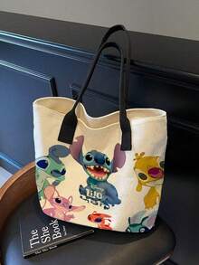 Disney 迪士尼可爱卡通史迪奇印花手提包，适合女性日常购物、聚会、与朋友外出，日式帆布手提包，大容量通勤包，男女通用学生休闲通勤手提包，适合返校季 - 彩色 - 查看 9