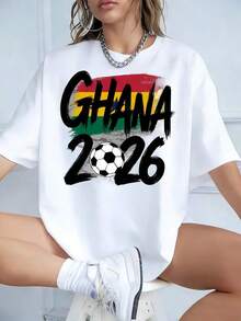 Regalo: 1 camiseta blanca para mujer con estampado de fútbol de Ghana 2026, cuello redondo, camiseta casual de algodón, tejido de punto de elasticidad media, corte regular para damas, para primavera/verano/otoño, suave. - Blanco - Ver 1