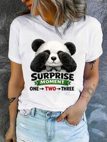 Camiseta de manga corta para mujer con diseño de panda, ideal para vacaciones de verano - 100% suave y transpirable, cuello redondo - Ropa casual de verano y primavera, diseño de panda a la moda - Lavable a máquina - Negro - Ver 7