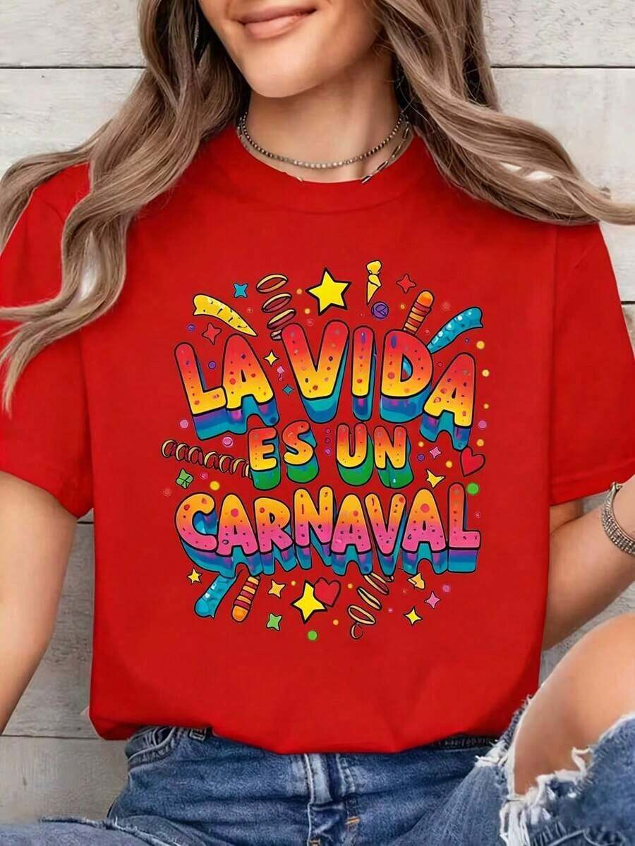 Women's Casual Short Sleeve T-Shirt, 1 Piece, Graphic Print, 100% Cotton, Breathable, Sweat-Absorbent, Cool And Casual Style, [Egg Tart Direction] Limited Edition For Carnival Festival | Colorful Carnival Letter Print T-Shirt - Spring Summer, Soft And Breathable, Short Sleeve, Crew Neck, Casual Style, Machine Washable, Regular Fit | Machine Washable, Gift For A Friend | Festive Outfit | Carnival Outfit Essentials - Summer Clothes For Everyday Outings - 紅色 - 查看 1