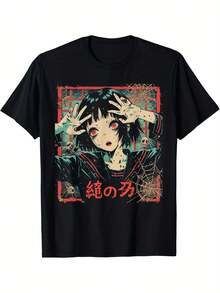 Camiseta casual de mujer con cuello redondo y estampado gráfico inspirado en anime - Manga corta, top de primavera/verano, negro con diseño rojo y azul, ropa casual| Top con estampado de anime| Camiseta de manga corta - Negro - Ver 1