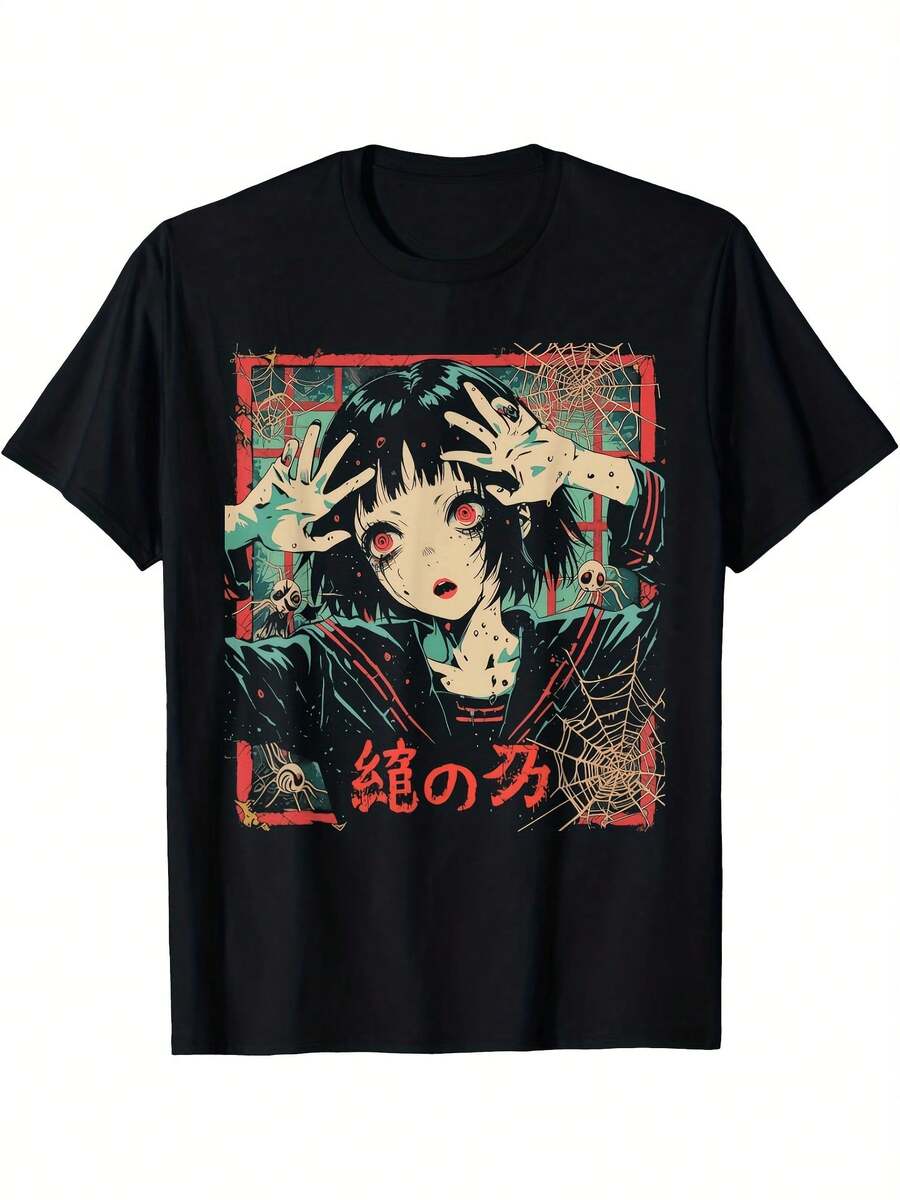 Camiseta casual de mujer con cuello redondo y estampado gráfico inspirado en anime - Manga corta, top de primavera/verano, negro con diseño rojo y azul, ropa casual| Top con estampado de anime| Camiseta de manga corta - Negro - Ver 1