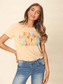 LUNE Women's Minimalist Casual T-Shirt For Teacher's Day With "It's A Beautiful Day" Print, Round Neck, Short Sleeve, Suitable For Summer, Cotton Blend, Ideal For Going Out, Casual - 杏子 2 - 查看 8
