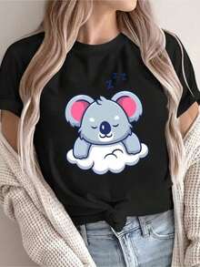 Suave, transpirable y ligera para comodidad durante todo el día. Camiseta deportiva casual de manga corta para mujer con estampado de koala durmiendo Zzz. Transpirable, de corte relajado, lavable a máquina, cómoda para todas las estaciones. Camiseta de cuello redondo. Ropa casual de calidad. Cuello redondo clásico con un corte relajado que favorece todas las formas del cuerpo y es fácil de combinar con jeans, shorts y leggings. - Negro 2 - Ver 9