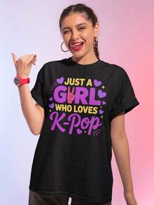 Playera de mujer "Just A Girl Who Loves Music", camiseta gráfica, atuendo para conciertos, hecha de tela suave, con corte holgado, esencial para todos los amantes de la moda, adecuada para usar en primavera y verano, casual diario. - Negro - Ver 8