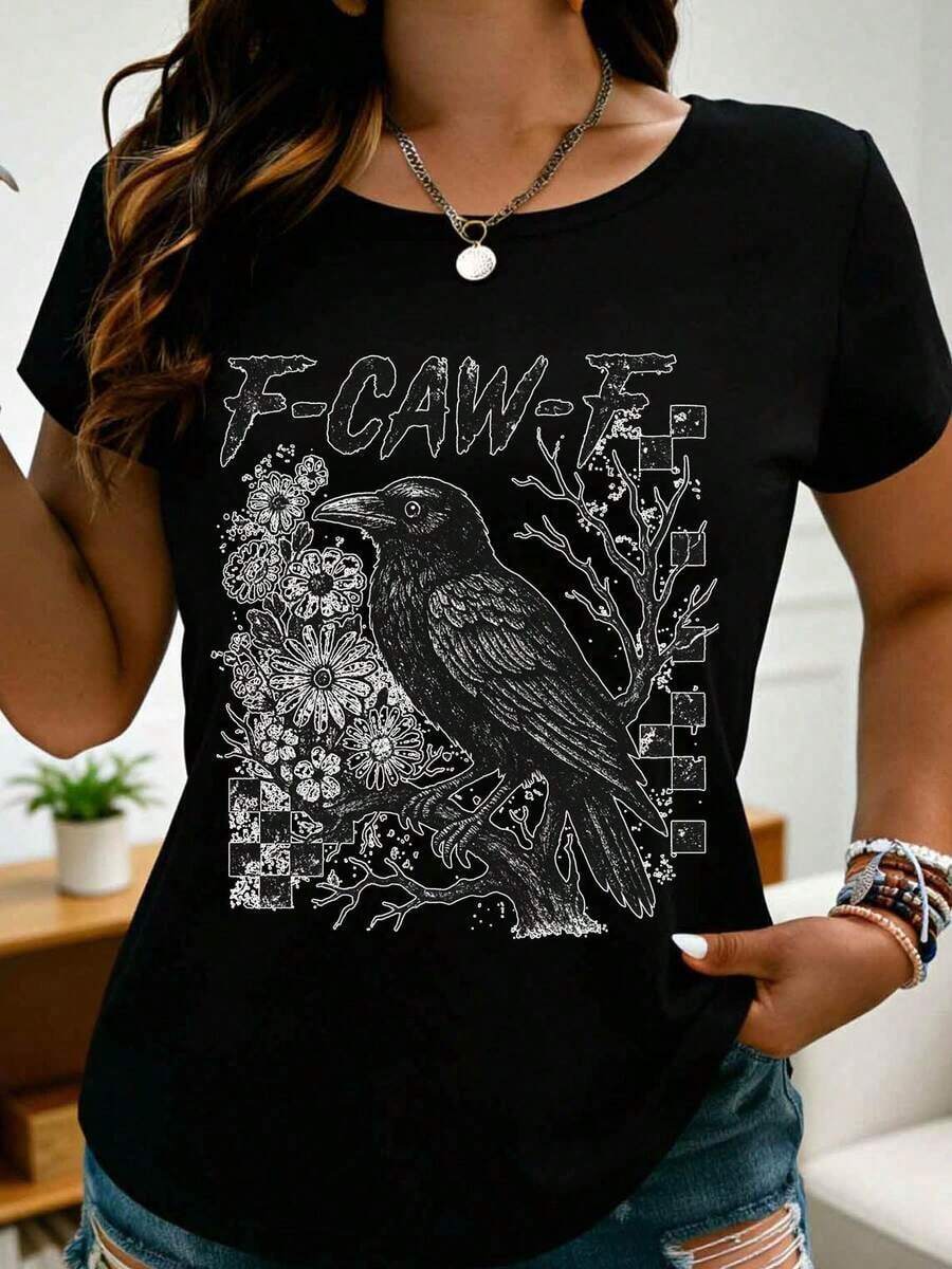 Camiseta con Estampado Gráfico de Ave Cuervo con Flores y Ramas para Mujer, Top Casual de Verano, Estilo Gótico, Camiseta con Estampado de Animal Bonito para Chicas, Ropa de Moda Unisex, Regalo para Halloween o Cumpleaños - Negro - Ver 1