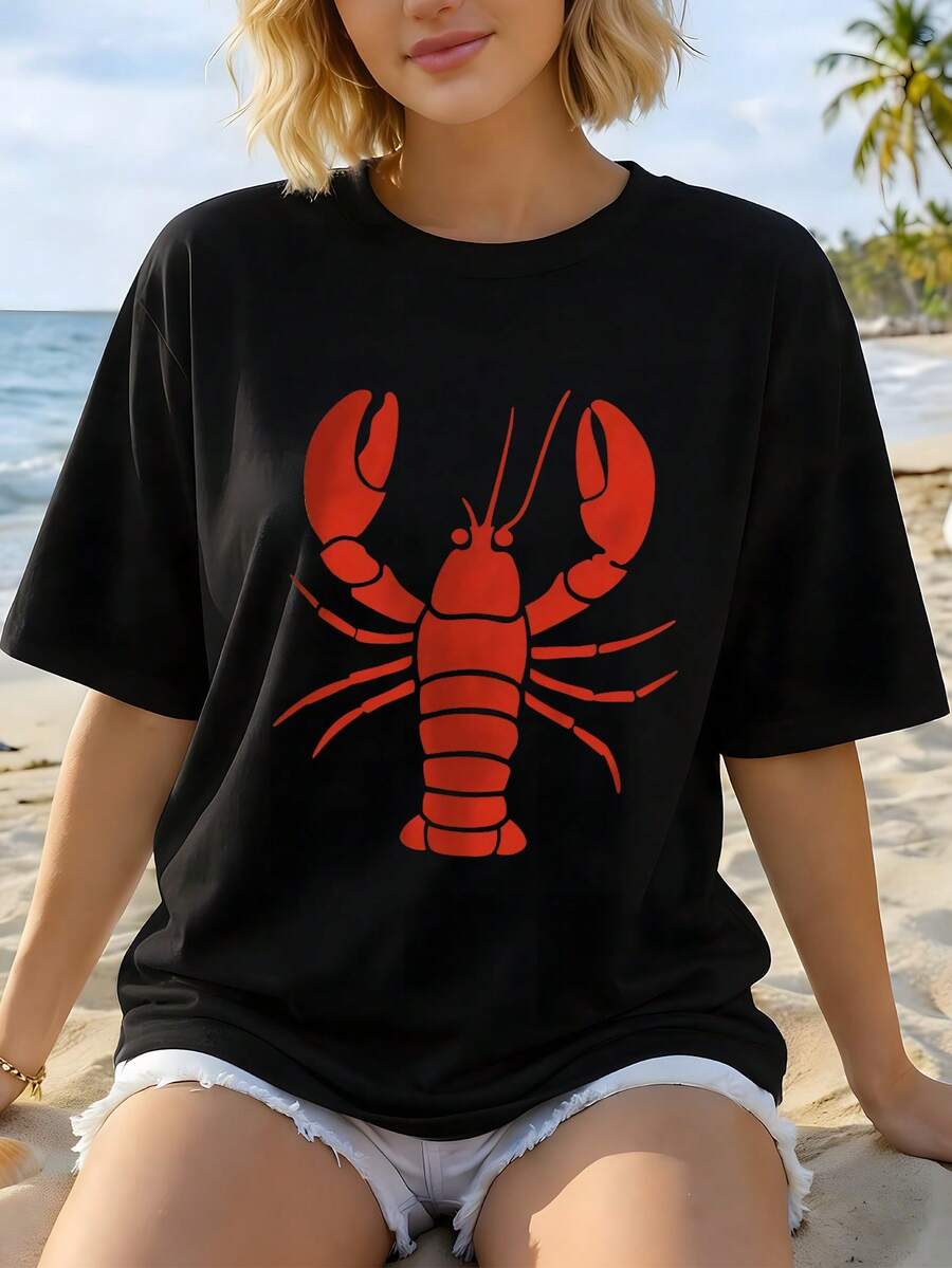 Una camiseta de mujer de manga corta, holgada, moderna, a la moda, retro y elegante, adecuada para actividades al aire libre en primavera y verano.Camiseta de mujer de manga corta con cuello redondo y estampado retro de cangrejo de río, cómoda, suave y transpirable, una nueva camiseta de primavera-verano.Moderna y versátil para el uso diario, para ir al trabajo y para vacaciones, un top casual retro, perfecto como regalo.blusas para mujer,blusas casuales para dama,tops,, mujer premium,y2k,playeras de mujer curvy,ofertas y liquidaciones ropa mujer,playeras deportivas para mujer,,playeras de hombre, mujer,blusas>elegante N51P - Negro - Ver 1
