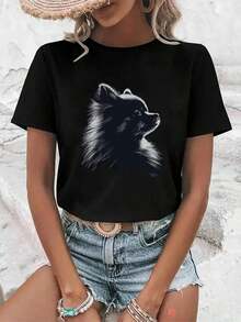 1 Piece Of Women's Fashion Creative Printed T-Shirt, Spring-Summer, Women's Fashion For All Seasons, Easy, Casual, Comfortable, Soft, For Fitness, Daily Outdoor Wear, Breathable, Round Neck, Elegant For Parties, Holiday Gift, Suitable As A Gift. Women's T-Shirt. Blouses>Elegant. Boho Chic, Soft, Breathable And Comfortable Women's Top, Ideal For Spring, Summer And Autumn, Perfect For Vacation, Travel And Daily Wear. - 黑色 - 查看 7