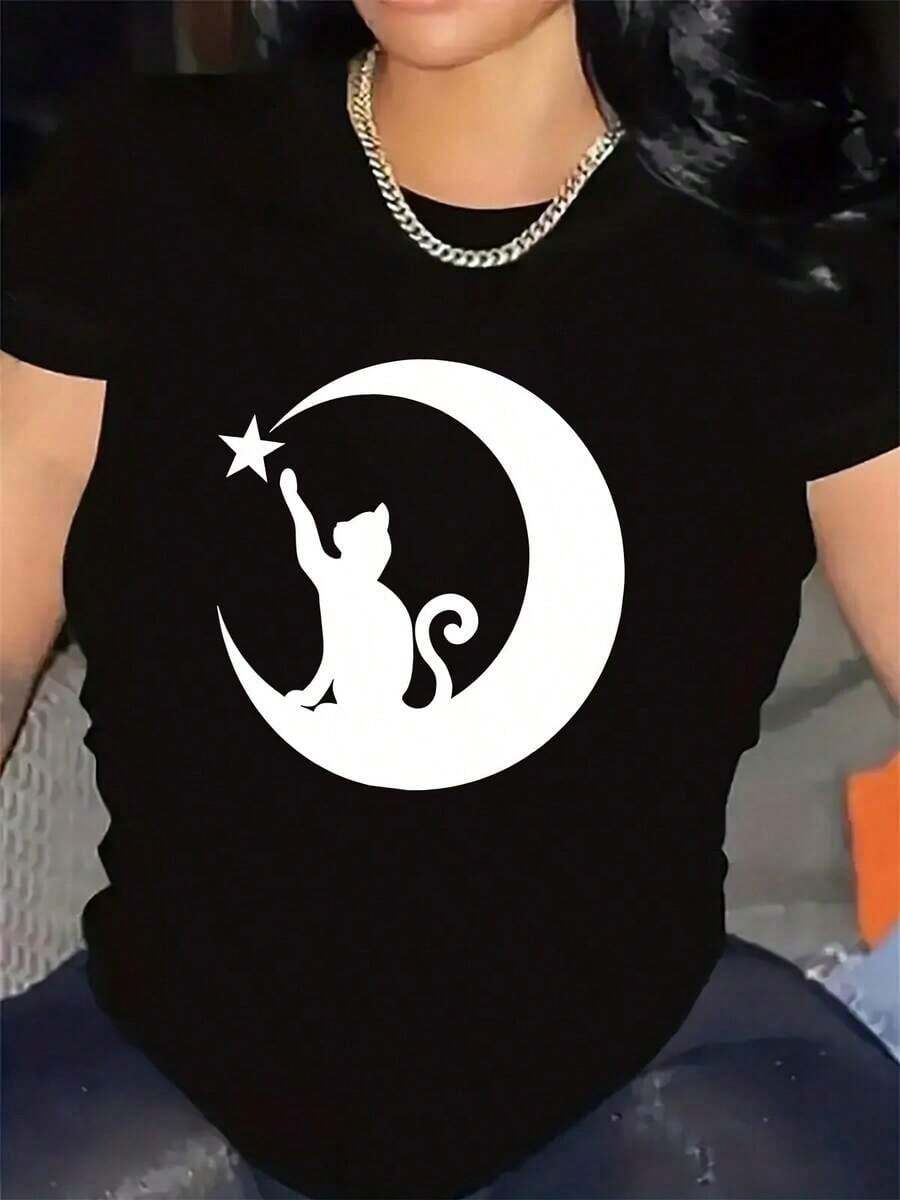 Men's T-Shirt Short Sleeve T-Shirt With Cat On The Moon And Stars Design | Made Of Durable, Lightweight And Comfortable Material For Casual Wear At Home, Restaurant Or Outdoor Environments, Round Neck, Medium Stretch Fabric. - 黑色 - 查看 1