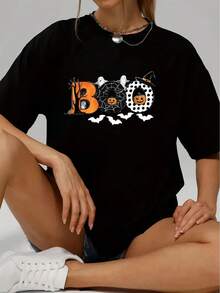 1 camiseta de manga corta casual para mujer de Halloween, 100% algodón grueso - cuello redondo cómodo, top suave y lindo, 180g de algodón 100%. - Negro - Ver 2