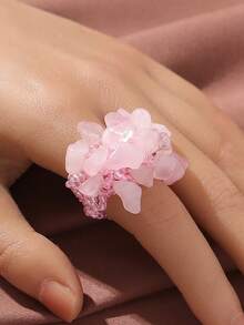 1pc Bohemian Casual Vacation Style Beaded Woven Elastic Wide Ring, Natural Stone, Slight Variation In Stone Color And Size - Pink - View 5