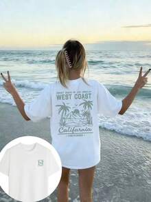 1pc Women's Short-Sleeved, Round-Neck T-Shirt, Minimalist And Versatile Style With Palm Tree Slogan Print, Suitable For Everyday Wear. Graphic T-Shirt, White Top, Black Top, Pink Top, Cool Vacation - 白色 - 查看 1