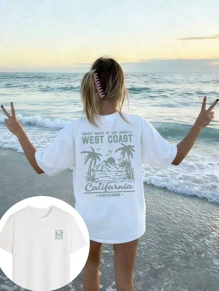 1pc Women's Short-Sleeved, Round-Neck T-Shirt, Minimalist And Versatile Style With Palm Tree Slogan Print, Suitable For Everyday Wear. Graphic T-Shirt, White Top, Black Top, Pink Top, Cool Vacation - 白色 - 查看 1