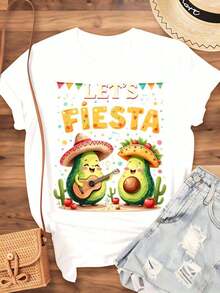 VintageLets Fiesta Couple T-Shirt With Avocado Design, Mexican Fiesta Theme, Cute Cartoon Design For Women And Men, Unisex Casual Wear, Cinco De Mayo Celebration Gift, Summer Outfit, Graphic Tee - 白色 - 查看 4