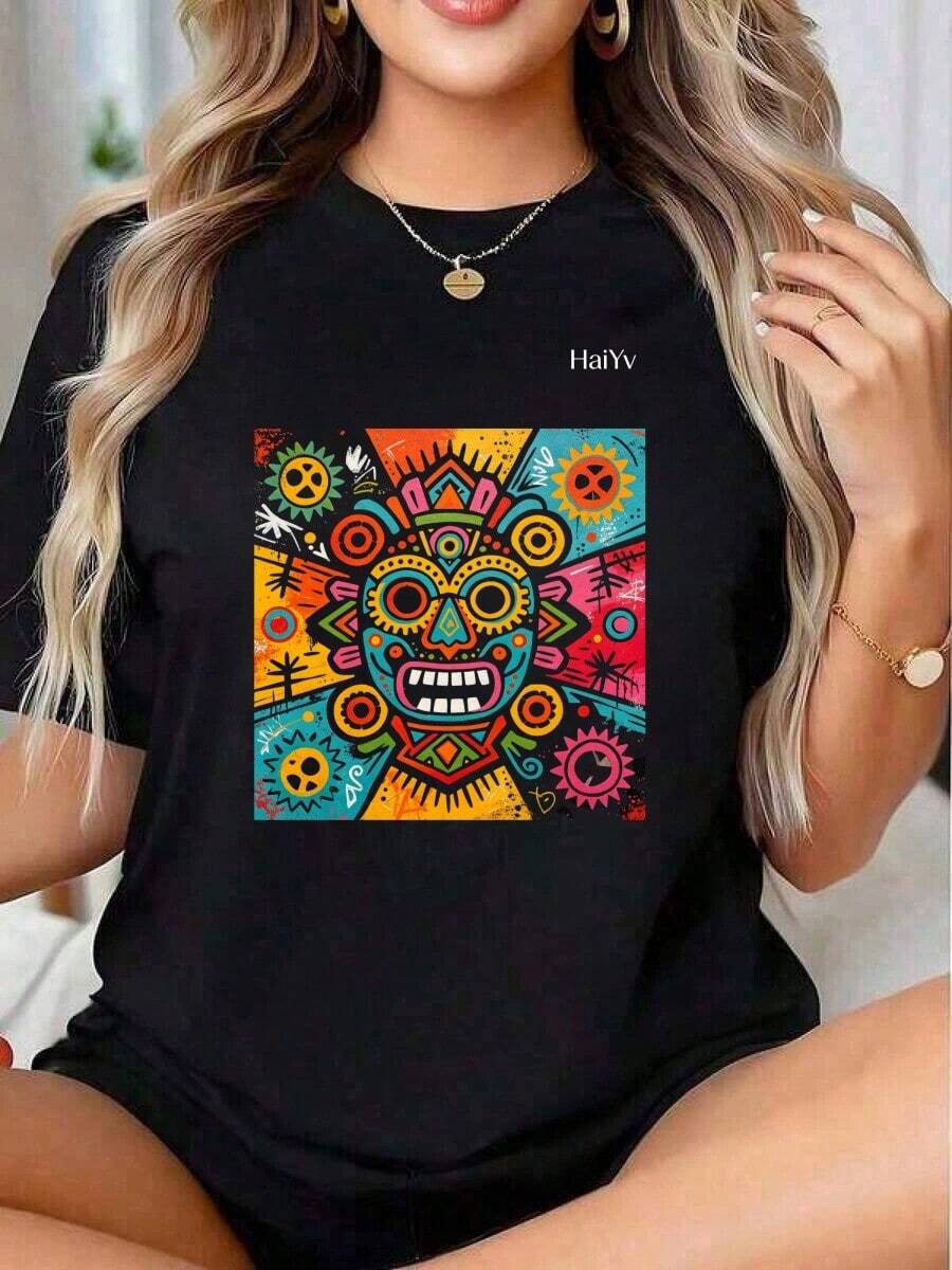 Limited Time Offer, Limited Quantity Available, Lightning , Women's Shirts, Women's T-Shirts. Women's Oversized White T-Shirt, Short Sleeve, Round Neck, Colorful Graffiti Mask Print, Casual Mexican Style For Everyday Wear - 黑色 - 查看 1
