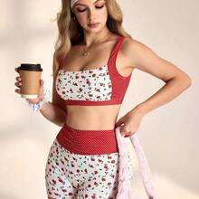 WanderVale 2pcs Women Floral & Polka Dot Print Cute Sweet Casual Sports Vest And Shorts Yoga Set Women's Swimsuit 2 Pieces Women's Swimsuits Two Pieces Swimwear Tummy Control Swimsuit Yacht Outfit Women Women Summer Outfits 2 Pieces Women Two Pieces Women's Summer Co Ord Women 2 Pieces Outfit Casual Women Vacation Outfit Sets - Rojo - Ver 2