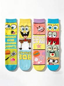 SpongeBob SquarePants 4雙女款襪子，多色方格圖案與船襪，滿版卡通印花，彈性襪口，聚酯纖維面料，透氣柔軟舒適，趣味街頭風，女襪，女絲襪，適合春季日常休閒與居家使用 - 彩色 - 查看 5
