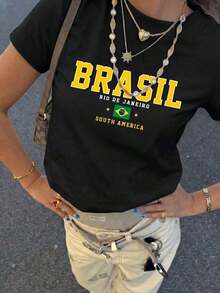 Camiseta holgada con estampado de letras "BRASIL" y bandera de Brasil, estilo deportivo Y2K de Brasil, estilo callejero, de manga corta y casual para mujer,Playera Gráfica Casual para Mujer con Estampado |   Verano 2026 - Negro - Ver 7