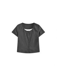 Korean Chic Contrast Color Round Neck 2 In 1 Short Sleeve T-Shirt, Retro College Style Fitted Top Casual Summer - Dark Grey - View 5