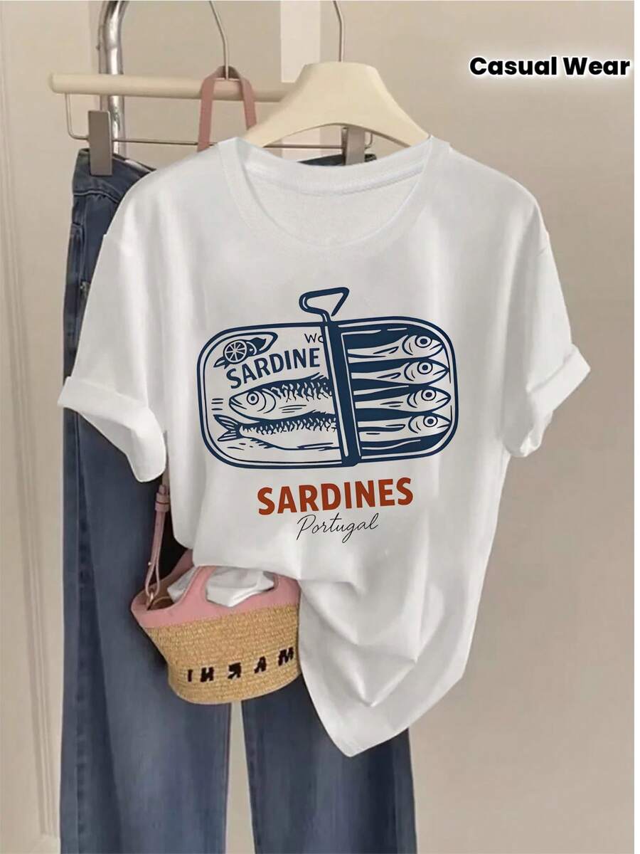 Casual Short-Sleeved, Round-Neck T-Shirt, 100% Cotton, With Artistic Sardine Can Print, Suitable For Summer And Spring, Women's Clothing - 白色 - 查看 1