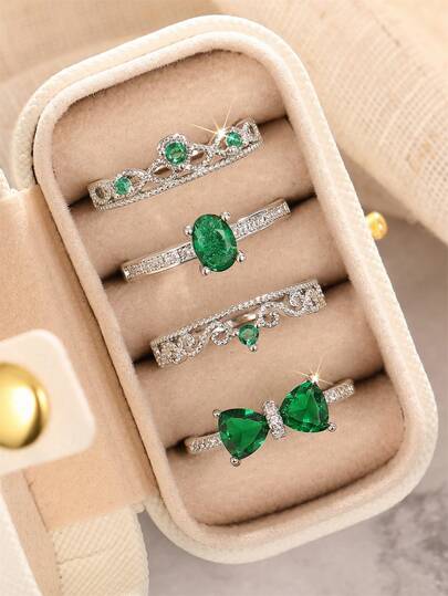 4pcs Cubic Zirconia Stone Ring Set With Gift Box, Suitable For Women, Applicable For Wedding, Engagement, Anniversary Party, Jewelry Valentine's Day Gift And More