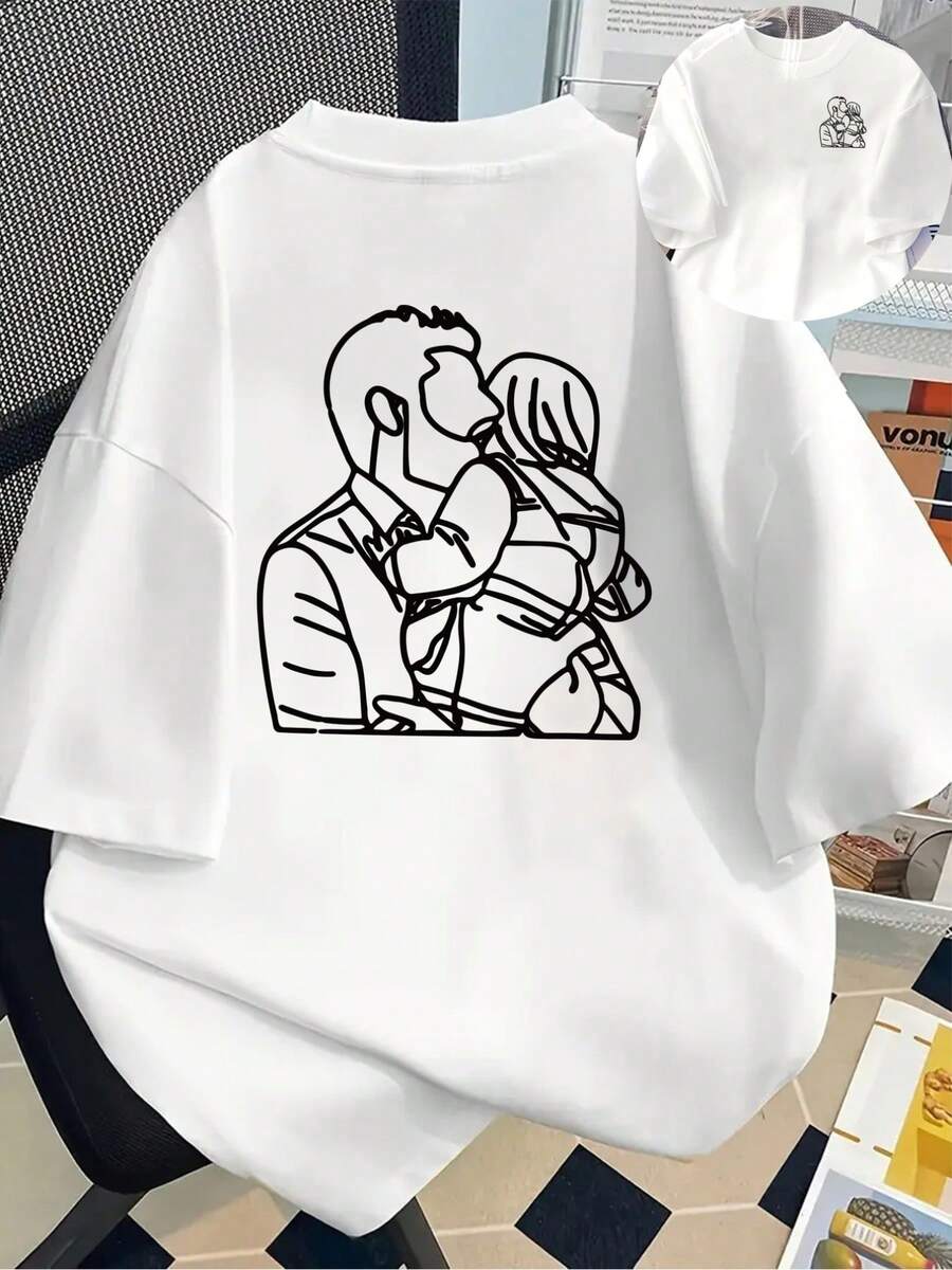 New 180g Short-Sleeved T-Shirt, 1% Cotton, With Prints On The Front And Back - Couple's Hug, Romantic T-Shirt - Fashionable Printed T-Shirt For Women, Short-Sleeved, Suitable For All Seasons, Modern Clothing - Can Be Worn As An Inner Layer In Spring And Autumn Or Alone In Summer, Unisex. - 白色 - 查看 1