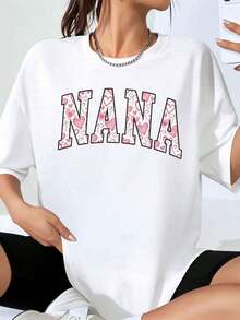 Nana Love Women's Oversized T-Shirt With Heart Print, Casual Top, Gift For Mom, Valentine's Day T-Shirt - 白色 - 查看 1