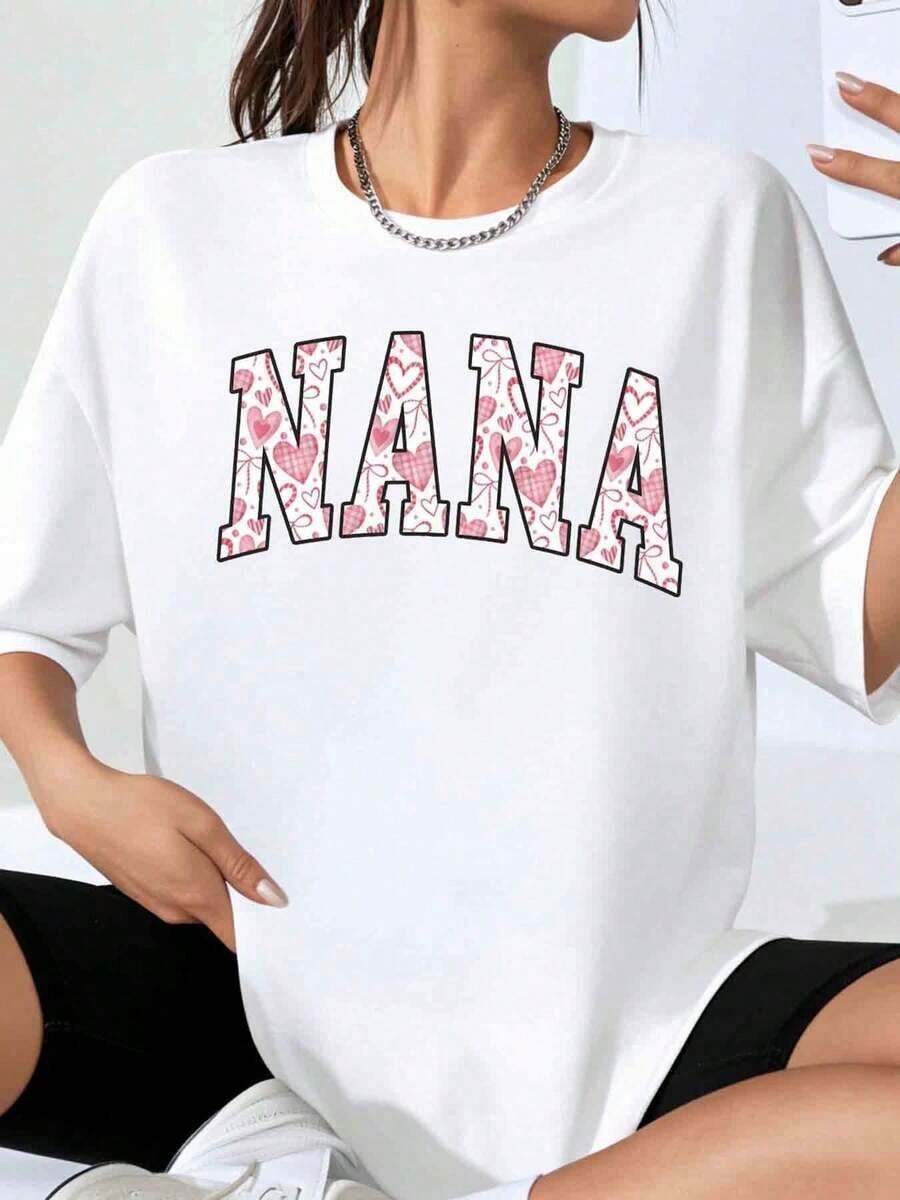 Nana Love Women's Oversized T-Shirt With Heart Print, Casual Top, Gift For Mom, Valentine's Day T-Shirt - 白色 - 查看 1