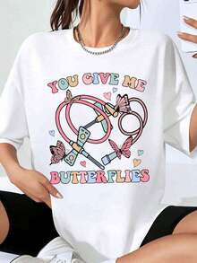 "You Give Me Butterflies" Nurse T-Shirt With Stethoscope And Butterfly Design For Medical Professionals And Healthcare Workers. Perfect Gift For Nurses, Doctors, And Medical Students. Ideal For Work Or Casual Wear. - 白色 - 查看 1