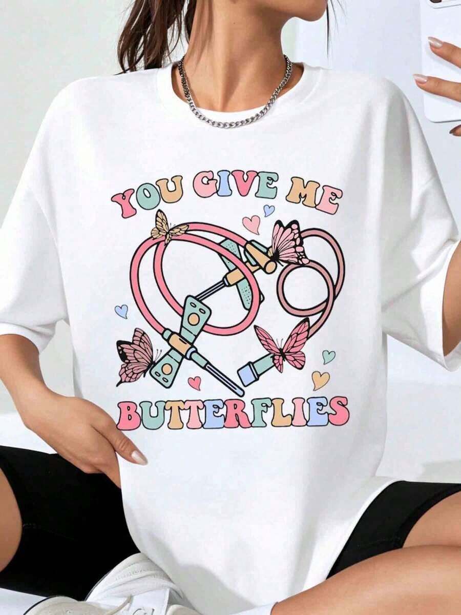 "You Give Me Butterflies" Nurse T-Shirt With Stethoscope And Butterfly Design For Medical Professionals And Healthcare Workers. Perfect Gift For Nurses, Doctors, And Medical Students. Ideal For Work Or Casual Wear. - 白色 - 查看 1
