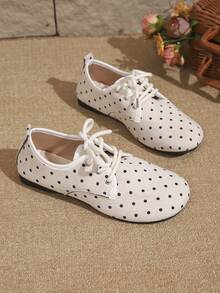 Women's Polka Dot Lace-Up Flat Casual Shoes, Soft Bottom Round Toe Breathable Retro Daily Loafers - Beige - View 7