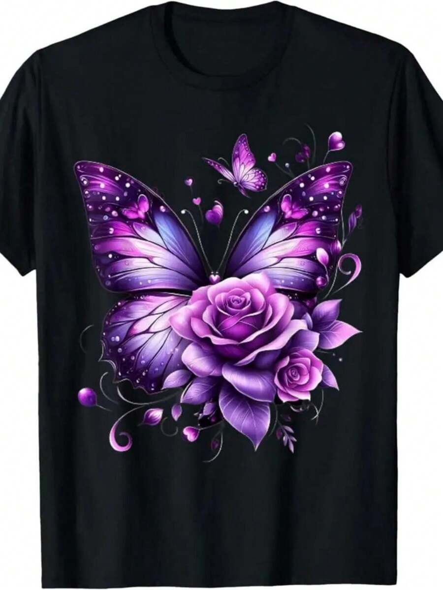 One Piece Of Casual T-Shirt For Men And Women, Plus Size, New, With A Round Neck And Short Sleeves. Features A Beautiful Purple Butterfly And Polka Dot Pattern. Machine-Made, Breathable, Loose Fit, 100% Sewn, Suitable For All Seasons. Versatile, Easy To Match, For Everyday Wear, Street Style, Vacation, Or Weekend Wear. - 黑色 - 查看 1