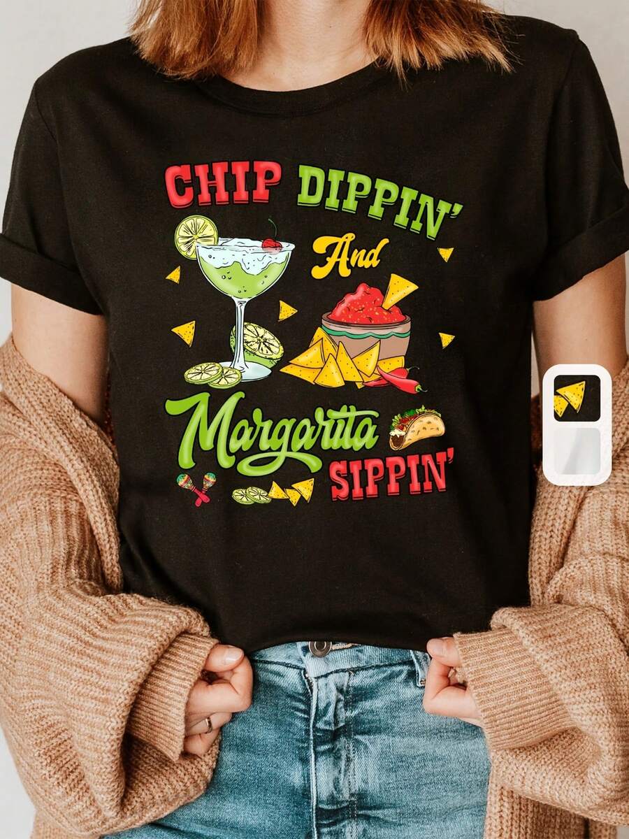 Daisy Print Crew Neck T-Shirt, Casual Short Sleeve Top For Spring/Summer, Women's Clothing - Cotton Short Sleeve Crew Neck T-Shirt, Urban Vintage Style, Unisex And Loose Fit - 黑色 - 查看 1