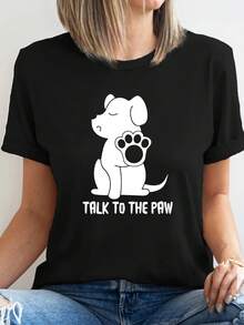 Casual Round Neck Short Sleeve T-Shirt, Regular Fit, With Graphic Dog Print And Talk To Paw For Summer Clothing For Women - Vintage Urban Style, Unisex, Loose Fit, Cotton, Short Sleeve And Round Neck. - 黑色 - 查看 1