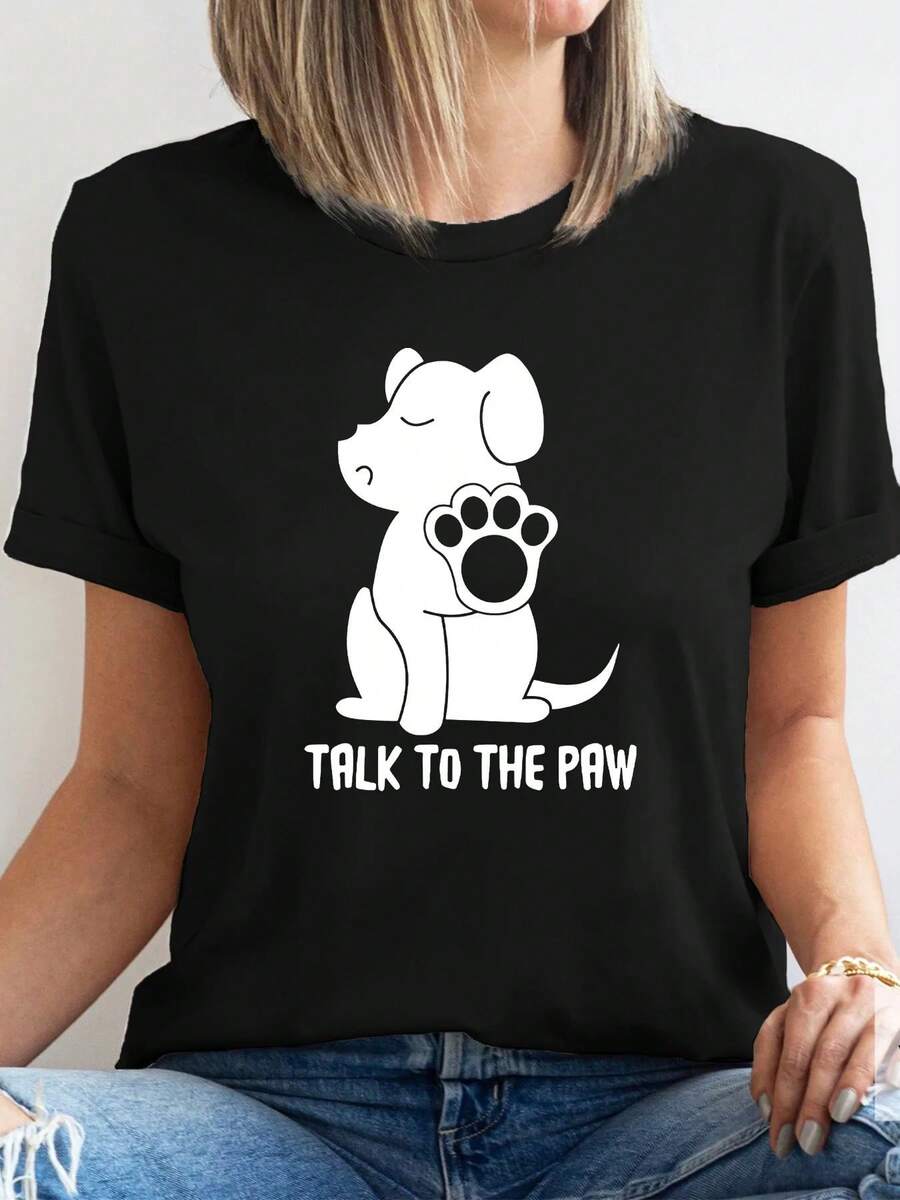 Casual Round Neck Short Sleeve T-Shirt, Regular Fit, With Graphic Dog Print And Talk To Paw For Summer Clothing For Women - Vintage Urban Style, Unisex, Loose Fit, Cotton, Short Sleeve And Round Neck. - 黑色 - 查看 1