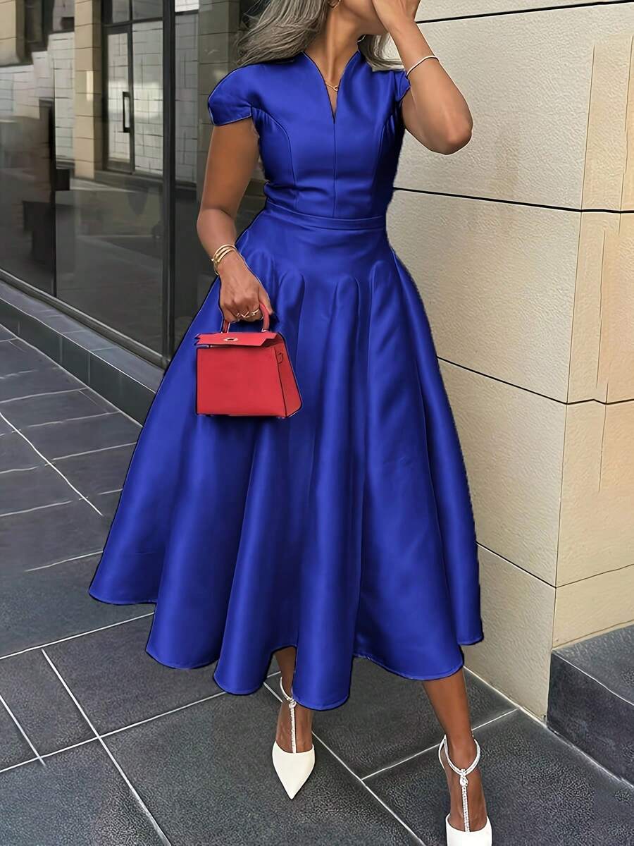 Summer Dresses For Womenvestidos Elegantes De MujerSolid Color Short Sleeves V-Neck Midi DressesLoose And Comfortabledresses For Womendresses For Wom - 藍色 - 查看 1