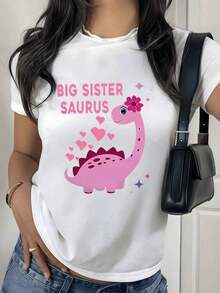 100% Cotton With Digital Print Pink Dinosaur With Hearts. Women's T-Shirt With Round Neck, Fun Big Sister Theme, 220 Grams, 1 Unit. 100% Cotton, Cheerful Style, Casual Design. Women's Simple Solid Color T-Shirt, Loose And Slim Fit Casual Short Sleeve - 白色的 - 查看 11