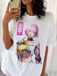 Cyberpunk Anime Girl Mechanical Arms Oversized T-Shirt, Akiba Drip Tee - White - View 1