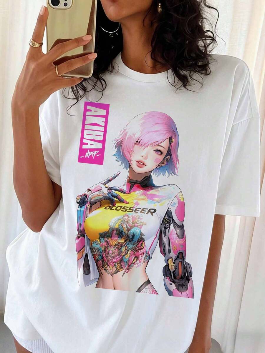 Cyberpunk Anime Girl Mechanical Arms Oversized T-Shirt, Akiba Drip Tee - White - View 1