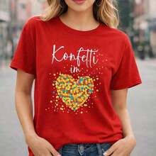 Women's Confetti Heart Print Cotton Cami, Sizes, Casual Graphic Cami, Short Sleeve Crew Neck, Soft And Breathable Cotton Blouse, Loose Fit Everyday Top, Colorful Confetti Design Cami For Women. - 紅色的 - 查看 6