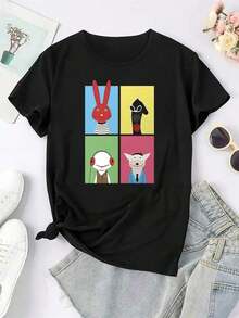 Women's Short-Sleeved T-Shirt With Round Neck And Cartoon Print Design. - 黑色 - View 2