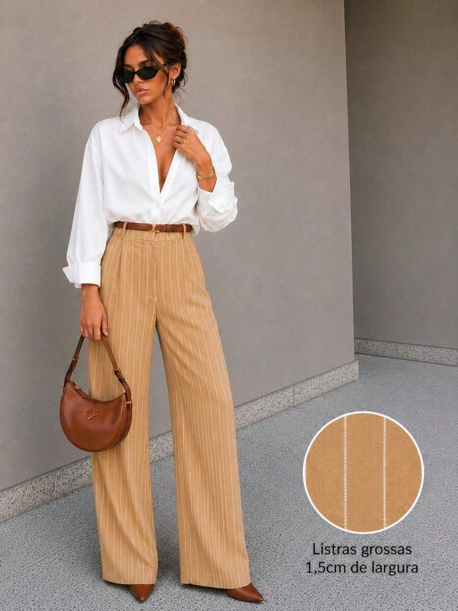 Striped Tailored Wide Leg Pants - Khaki - View 1