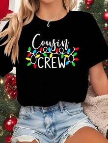 Women's Christmas T-Shirt - Cousin Crew Family Matching Pajigamas Suitable For Xmas Party Outfit, Lettering & Lights Design, Round Neck Casual Sleepwear, Machine Washable Holiday Attire - 黑色 - 查看 7