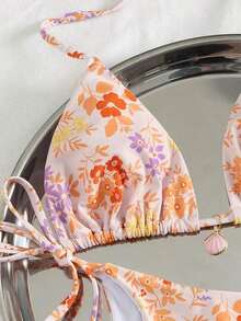 Swim Mod Multicolor Plant Pattern Fabric Halter Bikini Set Boho Style Lace Up Design - Multicolor - Ver 5
