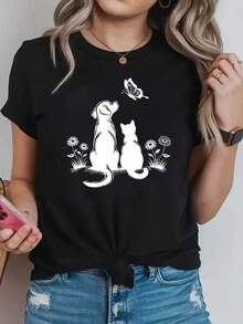 Premium Minimalist Comfort And Companionship: The Beauty Of Cats, Dogs, And Butterflies. Women's Plus-Size Casual Fashion T-Shirt With A Printed Crew Neck, Perfect For Spring And Summer. A Simple Solid-Color T-Shirt With A Relaxed Fit And Casual Short Sleeves. A Great Gift Idea. - 黑色 - 查看 1