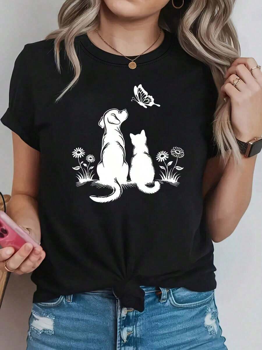 Premium Minimalist Comfort And Companionship: The Beauty Of Cats, Dogs, And Butterflies. Women's Plus-Size Casual Fashion T-Shirt With A Printed Crew Neck, Perfect For Spring And Summer. A Simple Solid-Color T-Shirt With A Relaxed Fit And Casual Short Sleeves. A Great Gift Idea. - 黑色 - 查看 1