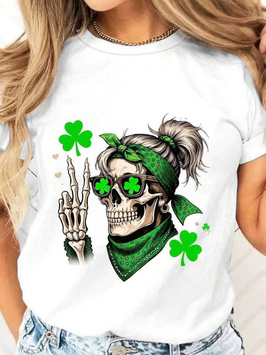 Women's T-Shirt With Skull, Shamrock And Bandana, St. Patrick's Day Theme, Casual Wear, New Arrivals, Gifts For Women - 白色 - 查看 1