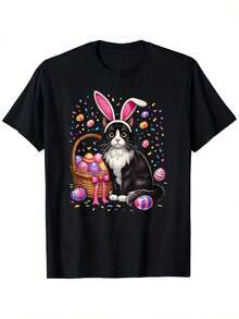 Funny Easter Cat Graphic Tee With Bunny Ears And Eggs | Cute Spring Pastel Colors, Unisex Sizes For Adults And Youth S-XXXL, 100% Heavyweight Fabric, Loose Fit, Casual And Easter Party Wear, Machine Washable, Plus Size. - 黑色 - 查看 7