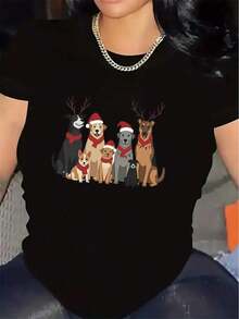 Short-Sleeved T-Shirt With Christmas Puppy Print - Lightweight And Durable Polyester Crew Neck Top For Christmas Party Outfits, Comfortable Clothing For Dog Lovers, Machine Washable For All Seasons. - 黑色 - 查看 1