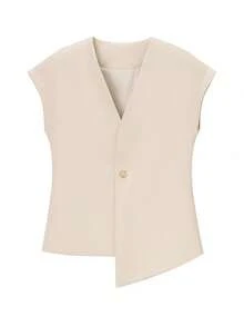 Women's Dress Vest, Sleeveless Design With V-Neck And Front Button Closure, Fitted Sack-Style Cut, Available In Various Solid Colors (Beige, Burgundy, Olive Green, Brown, Black), Faux Wool Fabric With A Fluid Drape, Elegant And Professional Style Ideal For Office, Work And Formal Spring And Autumn Events. - 杏色 - 查看 3